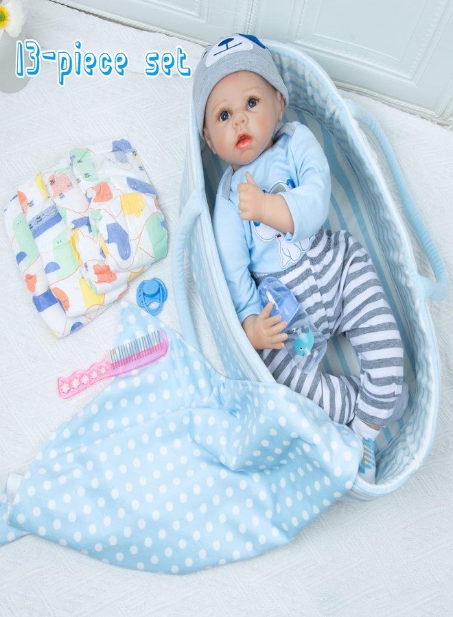 PEDOLLTREE Reborn Baby Dolls Clothes Boy Blue Dog Outfit Accessories 13 Pcs for 17-22 Inches Reborn Doll Newborn Boy with Blue Dot Bassinet - Image 5